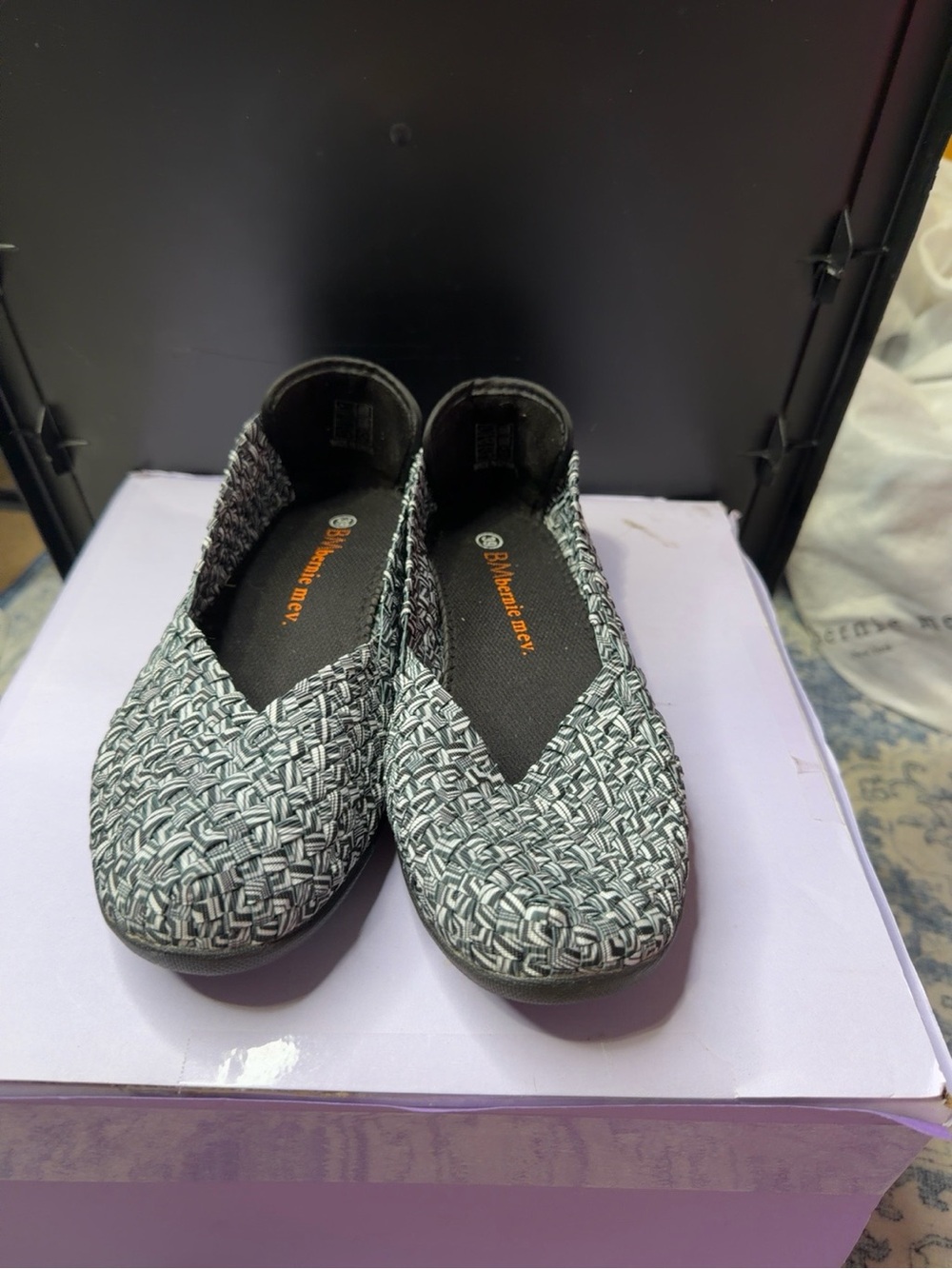 bernie mev. Black & White Woven Slip-On Flats